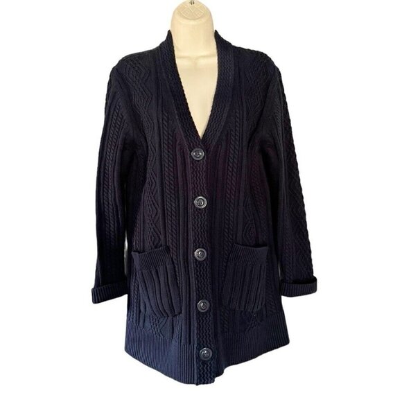 CAbi Woman's Sz M Blue Cable Knit Slant Pocket Button Up Cardigan Sweater #3882 - Picture 1 of 7